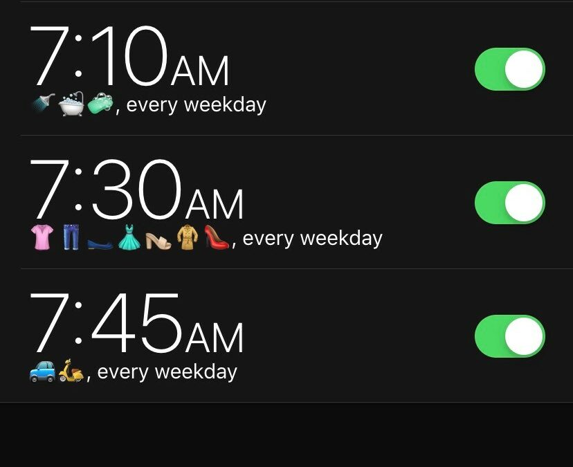 Screenshot of alarms. 5 alarms, 1 for each of 5 tasks.