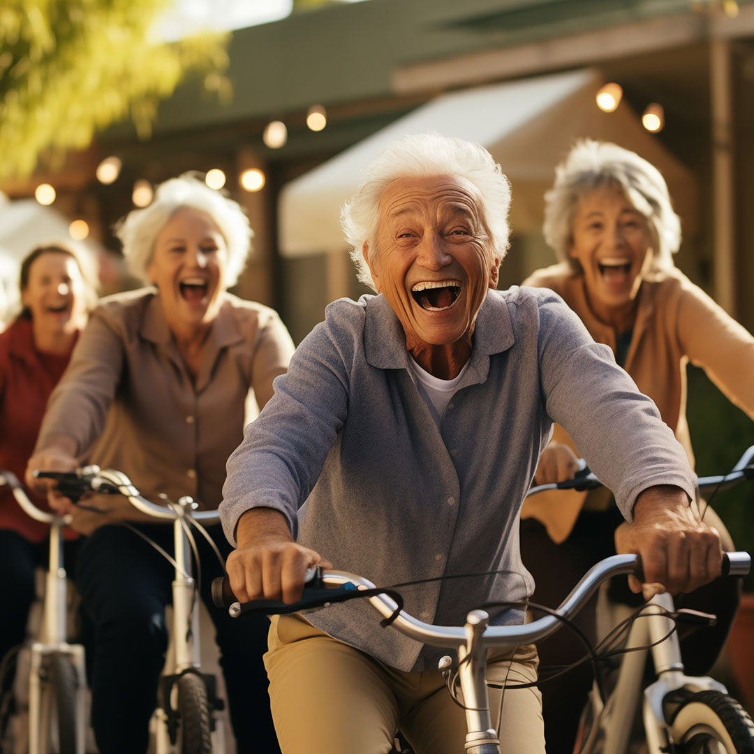 Five seniors smile as they ride their bikes down a quiet city street.