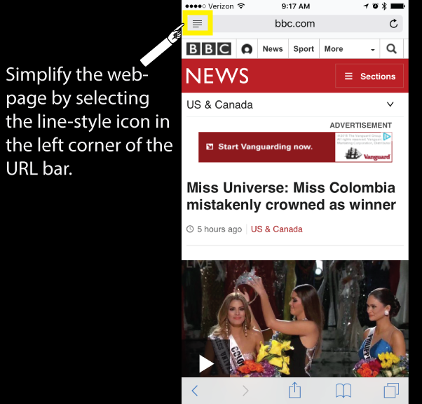 Simplify the website by selecting the line-style icon in the left corner of the URL bar.
