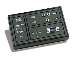 Picture of the ability switch tester. A small plastic box with ports to test switches in.
