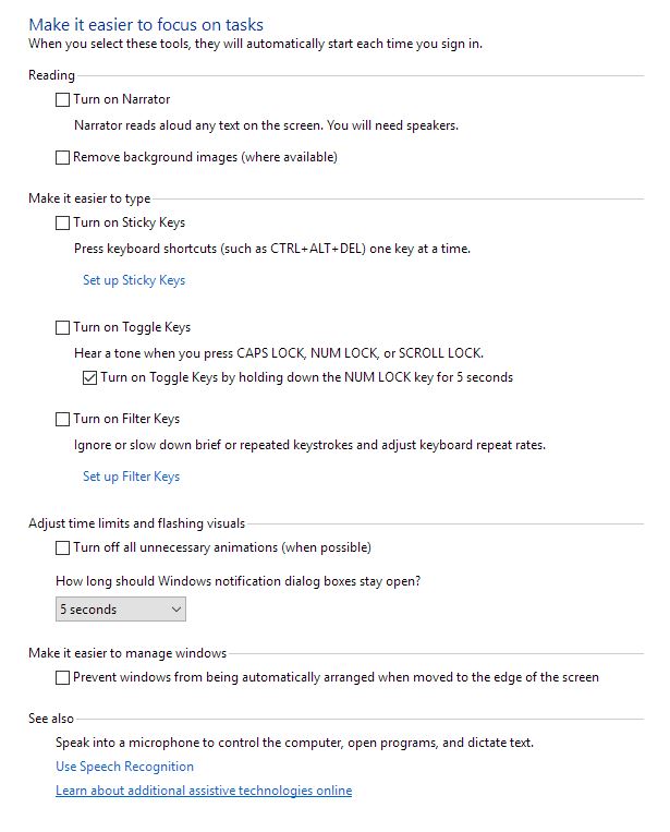 Picture of ease of access center settings to make it easier to focus