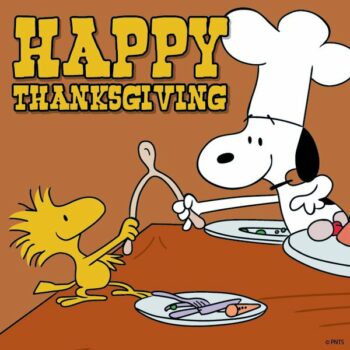 Cartoon of Woodstock and Snoopy breaking the wishbone with the text "Happy Thanksgiving"