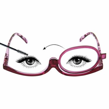 Illustration of makeup glasses with one lense. An arrow indicates that the lense can be flipped to the other side.