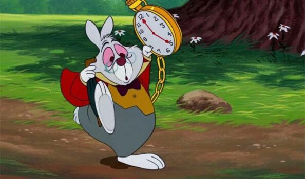 cartoon white rabbit wearing waistcoast and classes holding a large pocketwatch