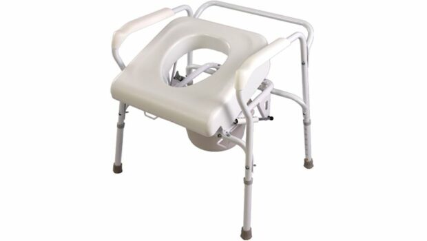 Uplift commode. White commode with seat raised at an angle.