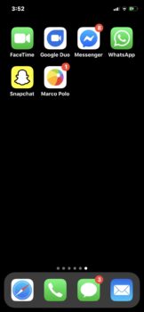 Screen shot of smartphone screen with video messaging app icons. Left to right, top to bottom. FaceTime, Google Duo, Facebook Messanger, WhatsApp, Snapchat, Marco Polo