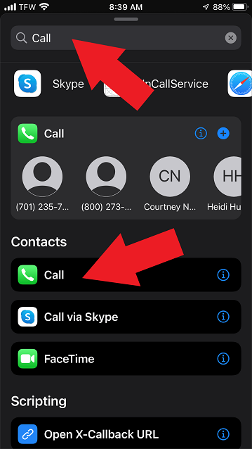 Arrows showing where to select the calling function in Apple Shortcuts