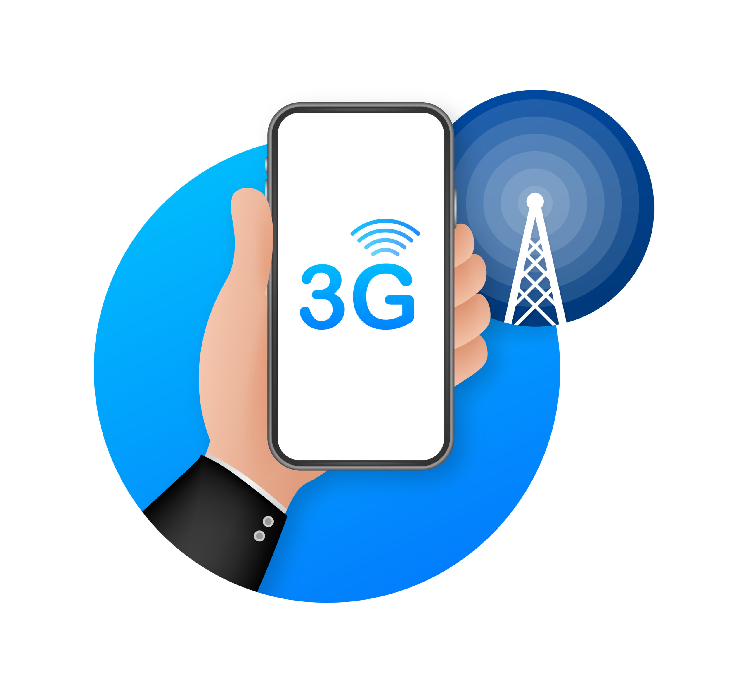Cartoon hand holding phone that says 3G in front of cell tower