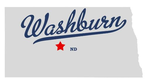 Grey outline of map of North Dakota with Washburn written in large cursive letters with red star showing location in ND where the city of Washburn is
