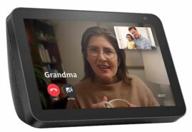 Echo Show Video Device showing grandma talking to son and granddaughter