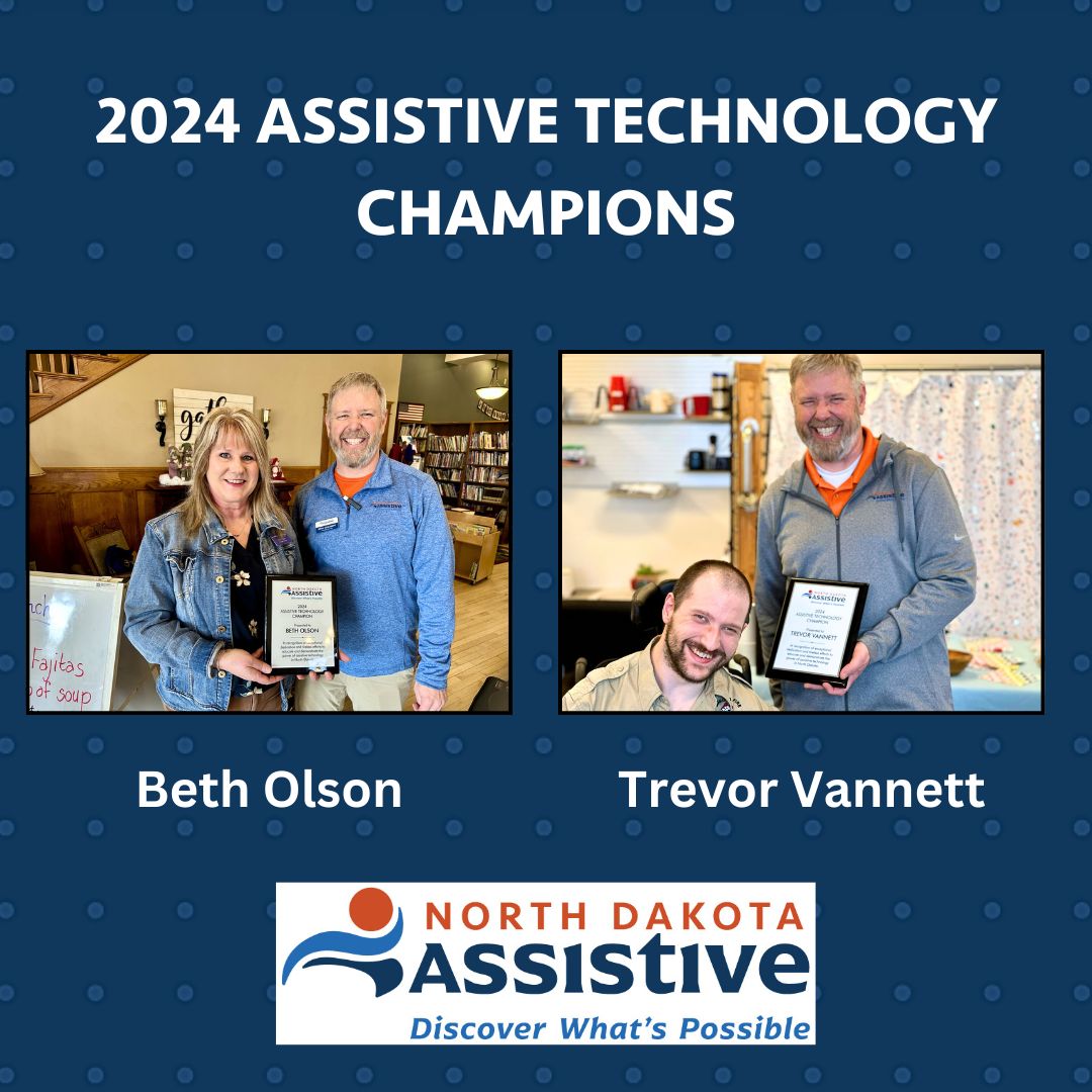 Announcing our 2024 Assistive Technology Champions Beth Olson and Trevor Vannett. Each are pictured with executive director Mike Chaussee as he presents them with plaques commemorating their hard work and dedication.