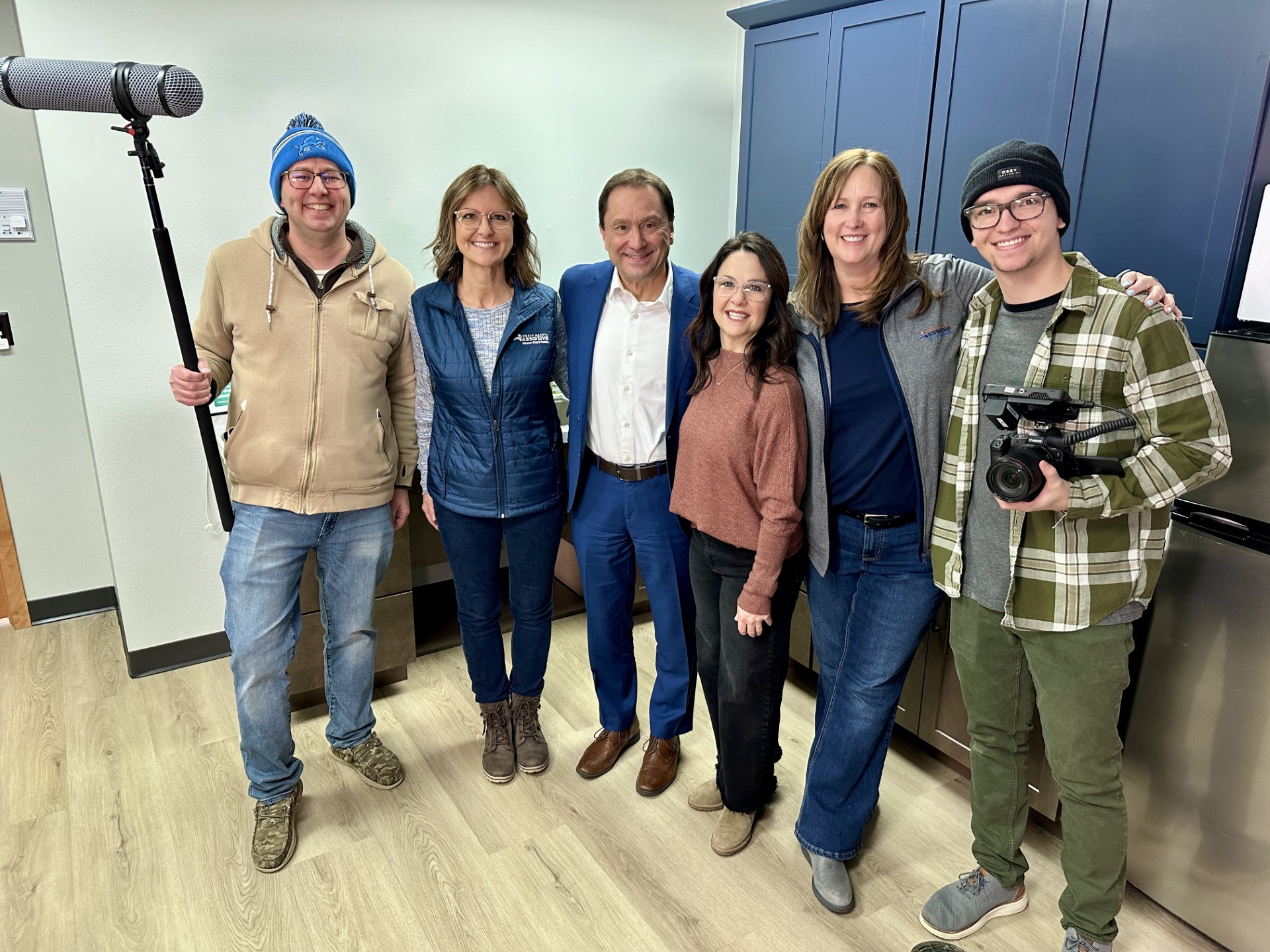 North Dakota Today's Wayne Wolff stands with Annette Goehring, Tami Ternes, Krista Burman and KFYR-TV productions staff in the accessible kitchen.